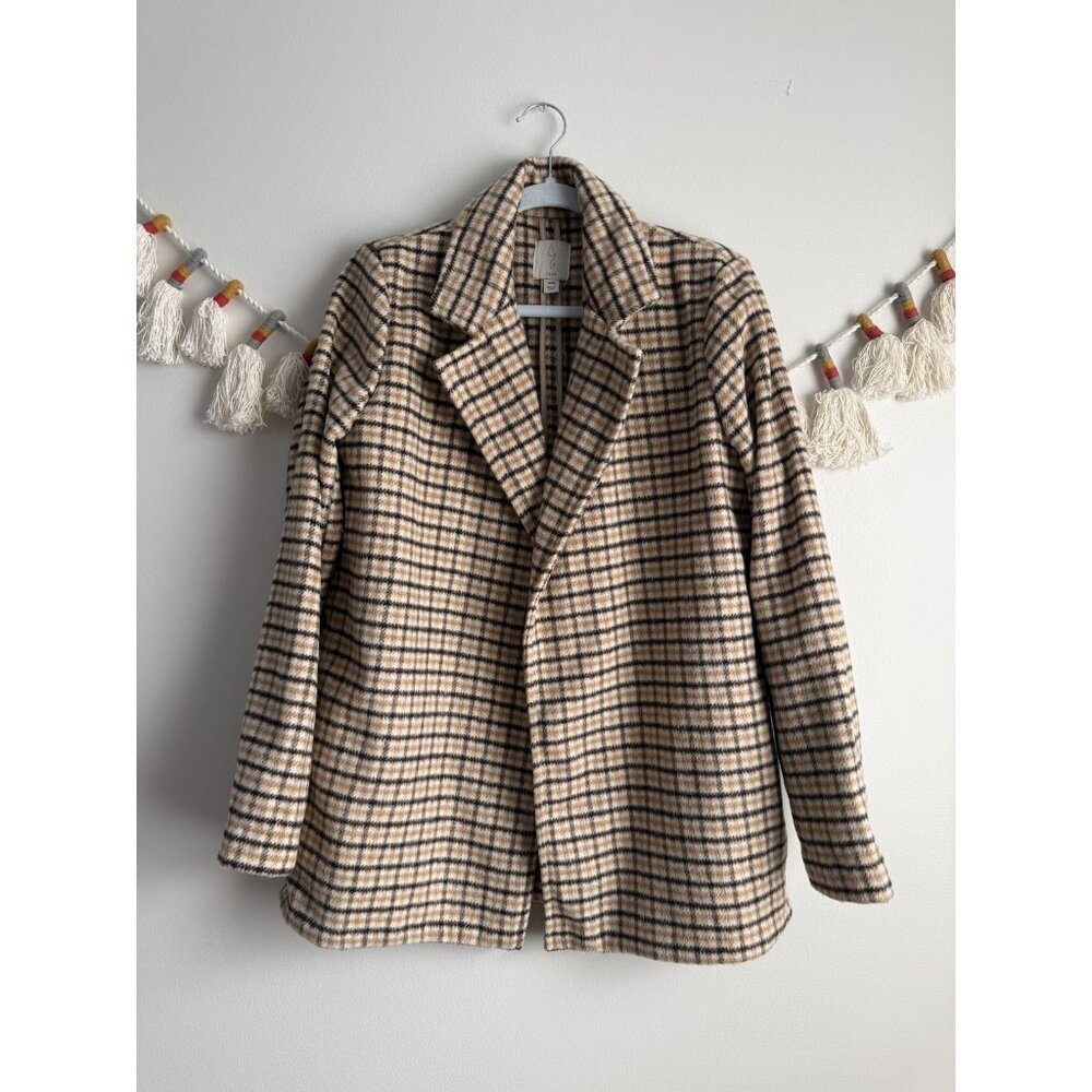 Joie Wool Blend Plaid Open Front Coat Blazer Timeless Classic Careerwear Preppy